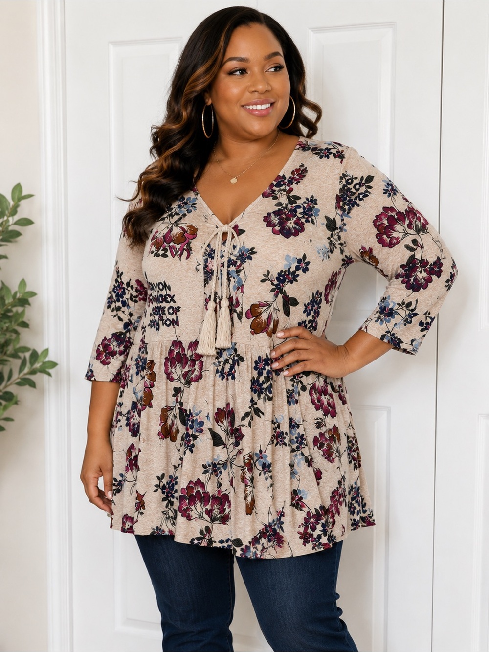 Terra & Sky 2X Floral Boho Tunic 3/4 Sleeve Burgundy Navy Blue